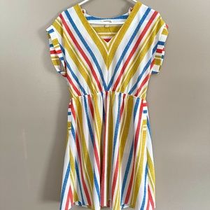 Monteau Dress Striped V Neck Mustard Blue Red and White, Pockets NWOT
